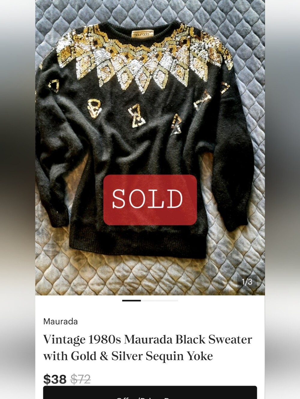 Vintage 1980s Maurada Black Sweater with Gold & Silver Sequin Yoke